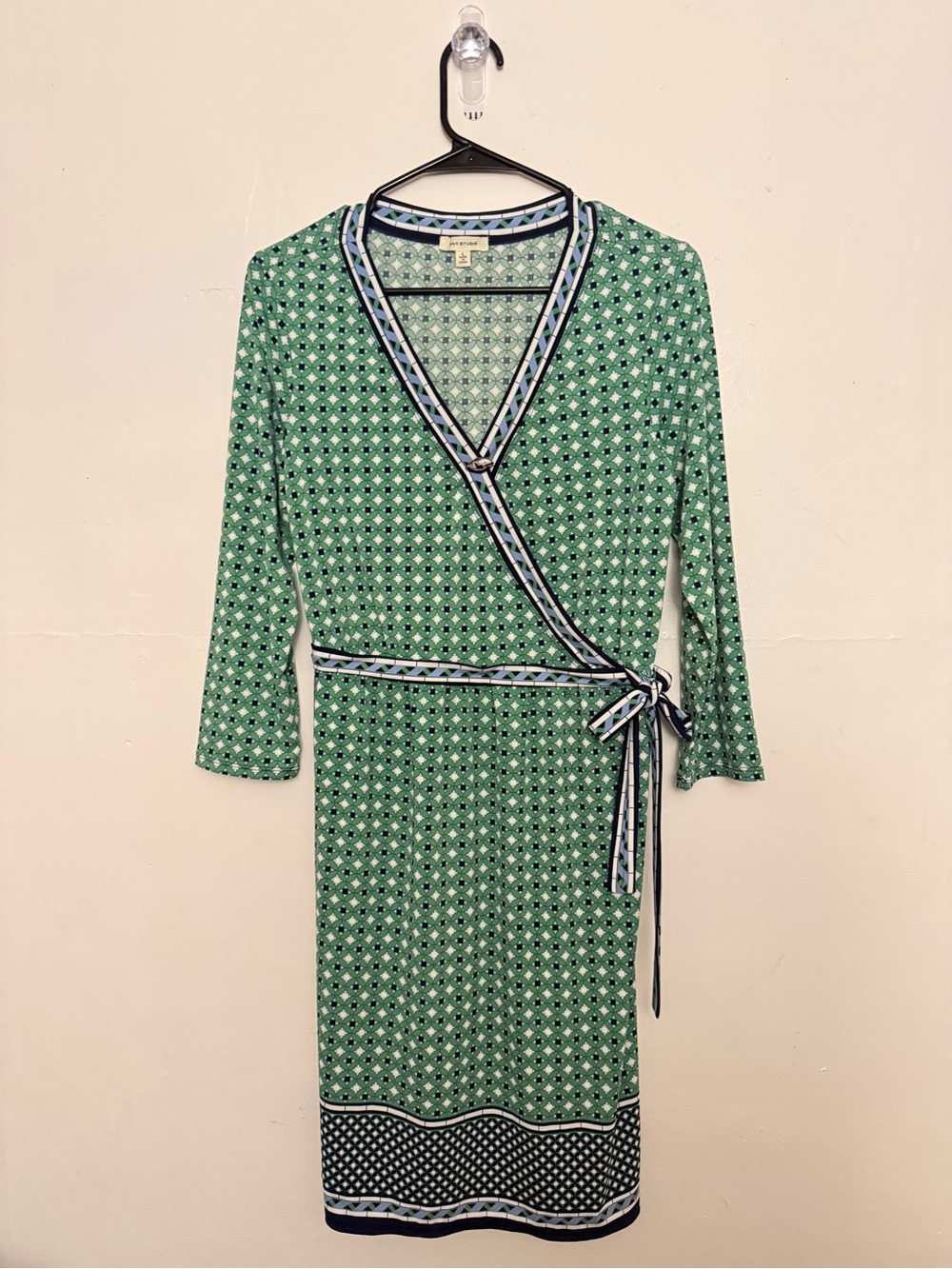 Max Studio Green Printed Wrap Dress with Navy Contrast Trim